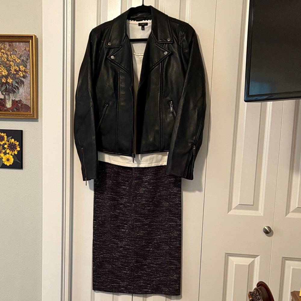 GAP Black Moto Jacket, Talbots T and Midi Zipper Skirt